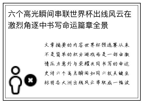 六个高光瞬间串联世界杯出线风云在激烈角逐中书写命运篇章全景